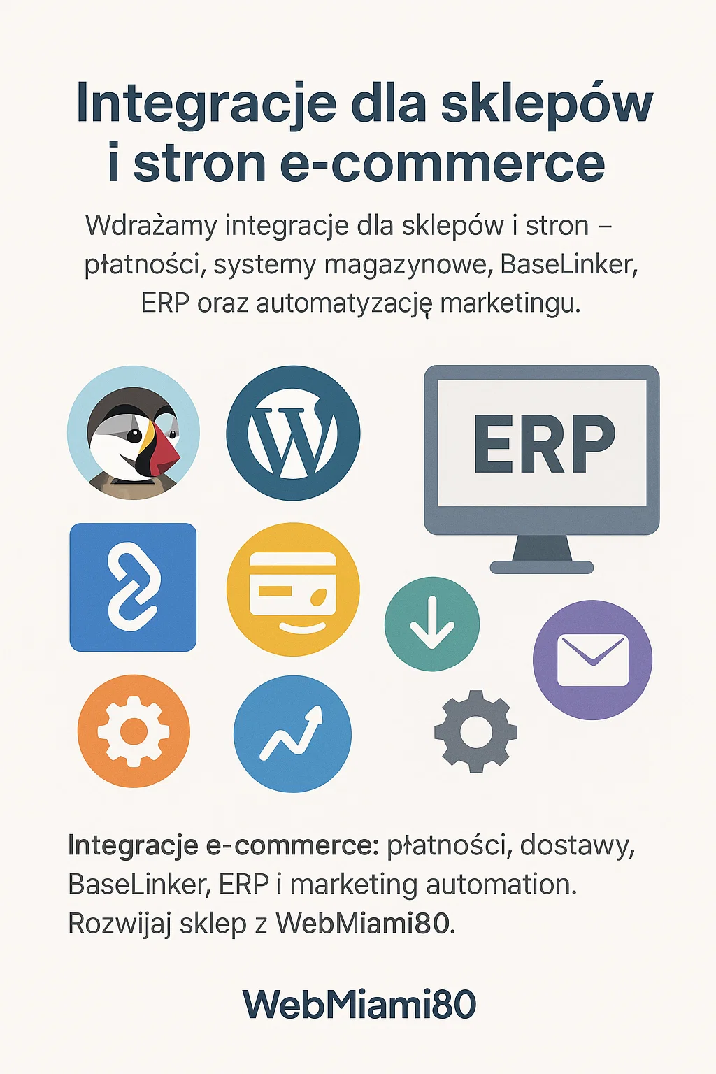 Integracje e-commerce: płatności, BaseLinker, ERP/CRM – WebMiami80
